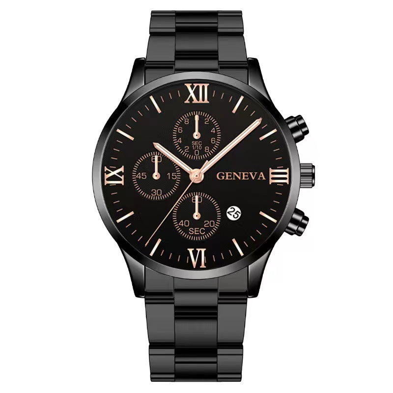 Men's Steel Band Watch Luminous Pointer Calendar Stone Hand English Watch Men's Advanced Sense Business Watch