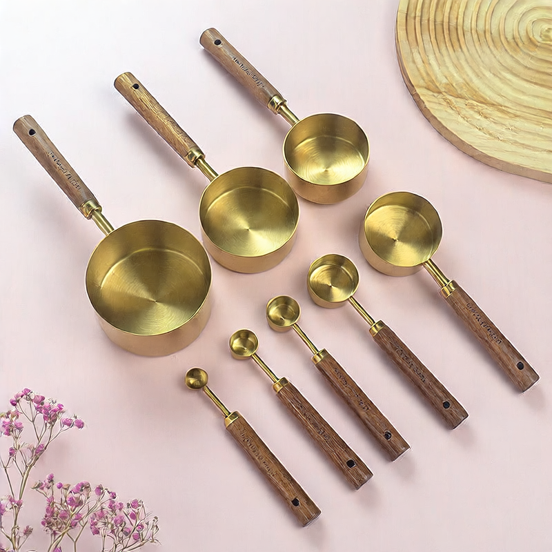 Stainless steel measuring cup measuring spoon wooden handle golden measuring spoon with scale black coffee spoon multifunctional baking measuring spoon