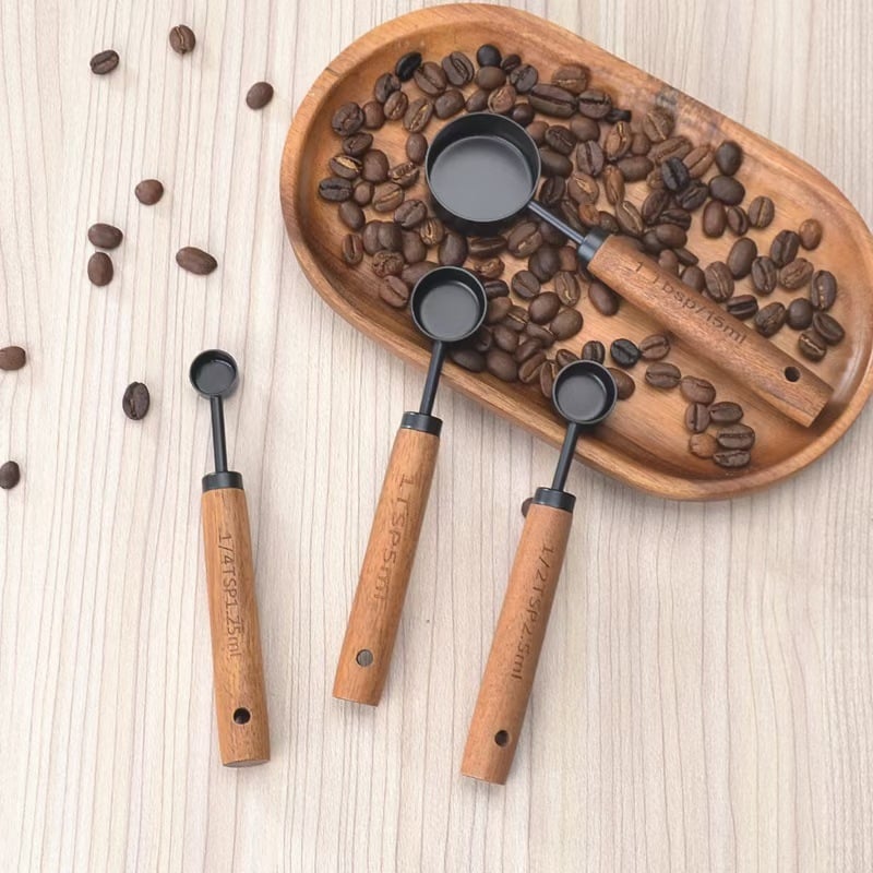 Stainless steel measuring cup measuring spoon wooden handle golden measuring spoon with scale black coffee spoon multifunctional baking measuring spoon