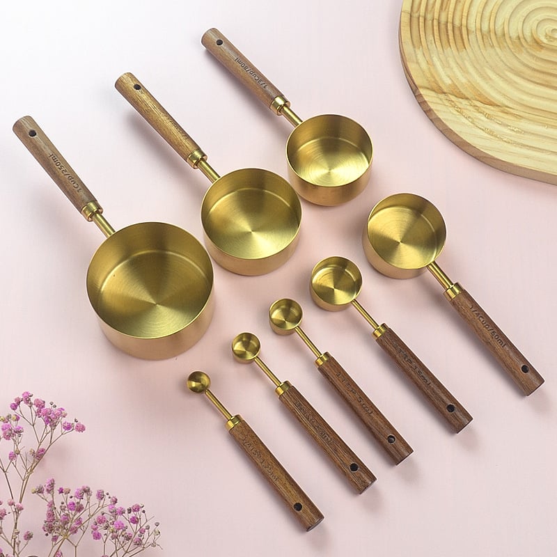 Stainless steel measuring cup measuring spoon wooden handle golden measuring spoon with scale black coffee spoon multifunctional baking measuring spoon