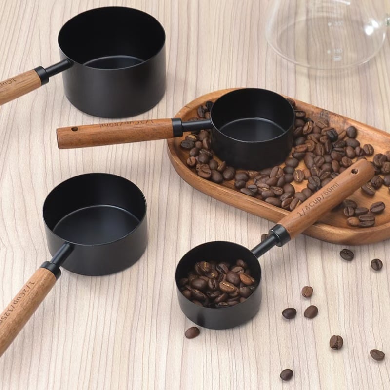 Stainless steel measuring cup measuring spoon wooden handle golden measuring spoon with scale black coffee spoon multifunctional baking measuring spoon