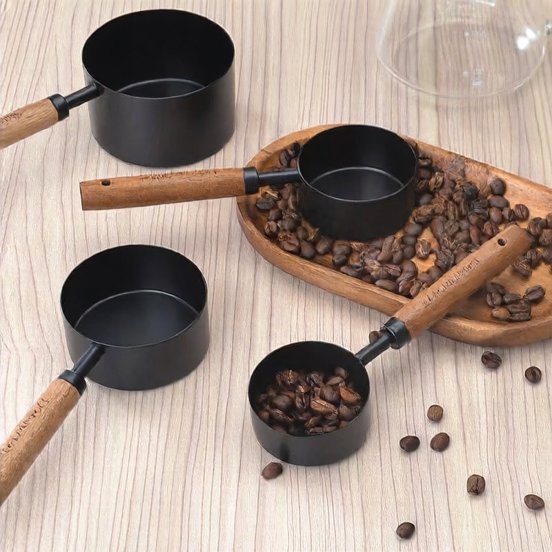 Stainless steel measuring cup measuring spoon wooden handle golden measuring spoon with scale black coffee spoon multifunctional baking measuring spoon