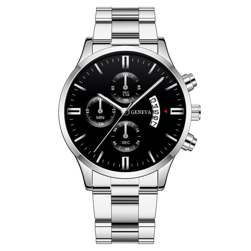 Men's Steel Band Watch Luminous Pointer Calendar Stone Hand English Watch Men's Advanced Sense Business Watch