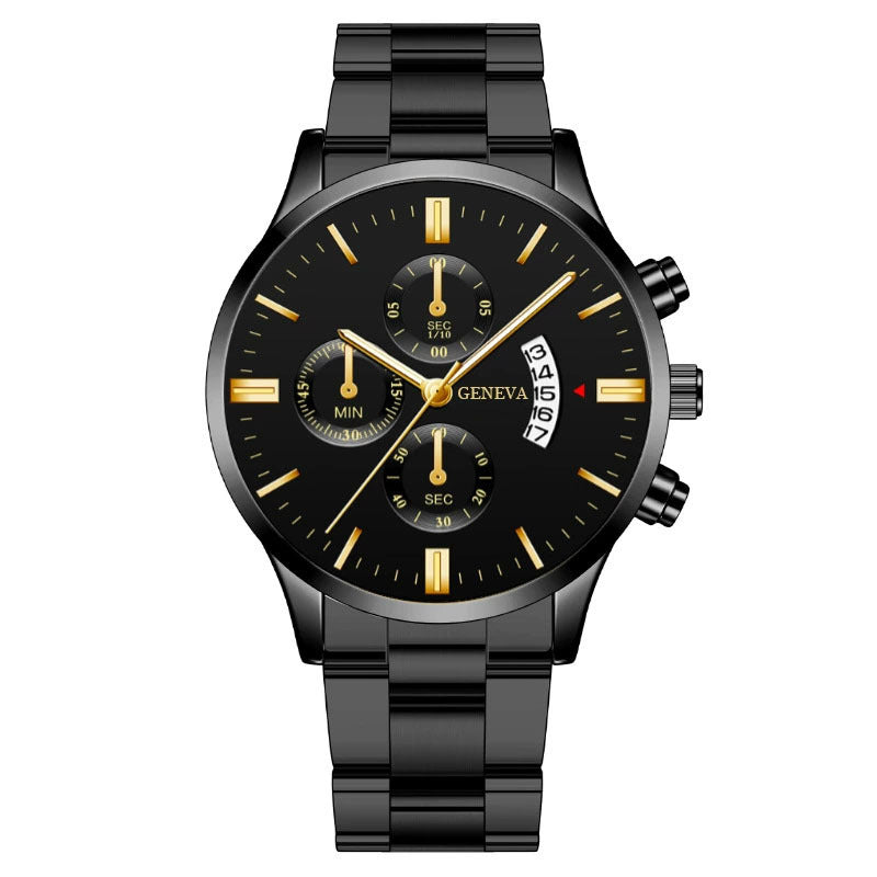 Men's Steel Band Watch Luminous Pointer Calendar Stone Hand English Watch Men's Advanced Sense Business Watch