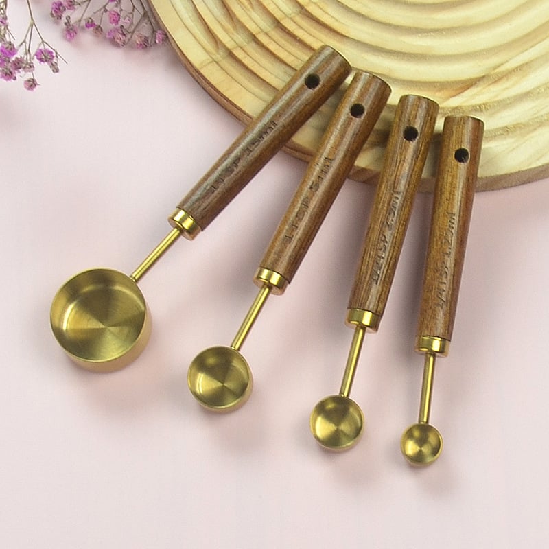 Stainless steel measuring cup measuring spoon wooden handle golden measuring spoon with scale black coffee spoon multifunctional baking measuring spoon